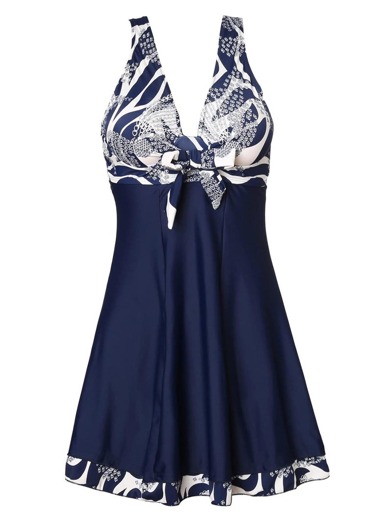 MiYang Women's One Piece High Waist Padded Swim Dress, Navy Flower, Tag Size 5XL=XXL (US 16W) - Image 1